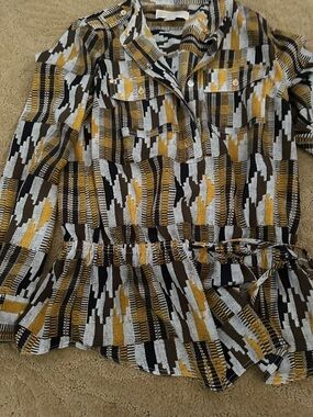 Michael Kors Mustard, Black & White Abstract Print Peplum Blouse